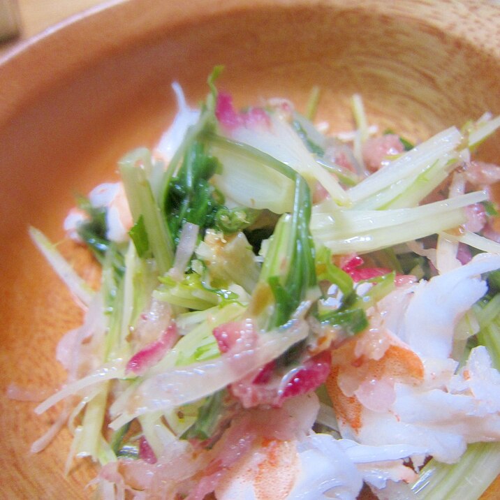 海老とパープル水菜の赤蕪サラダ